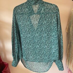 Prologue Teal Printed Sheer Long-Sleeve Blouse